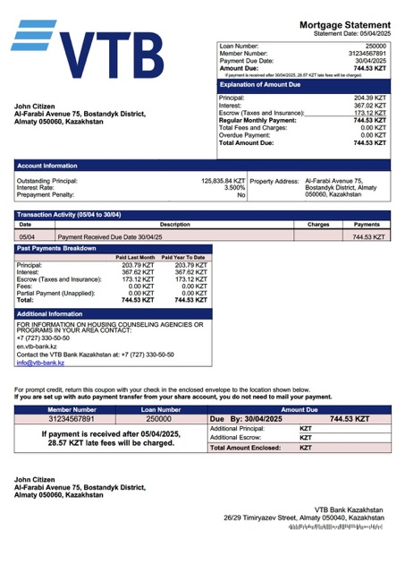 Download Kazakhstan VTB Bank Kazakhstan mortgage statement Word and PDF template Photoshop template